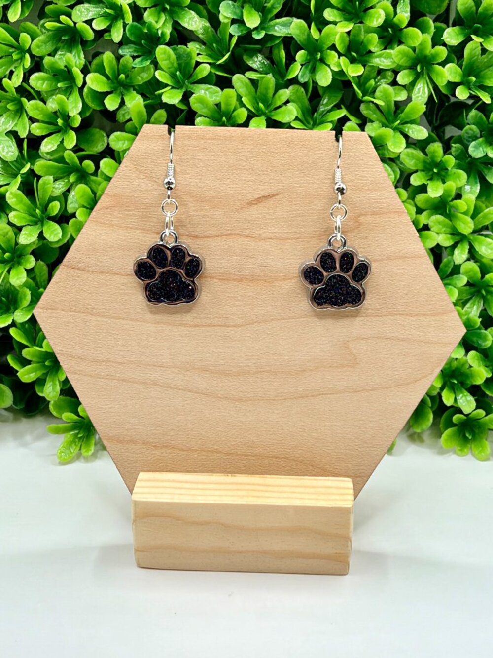 Midnight Black Glitter Paw Print Earrings